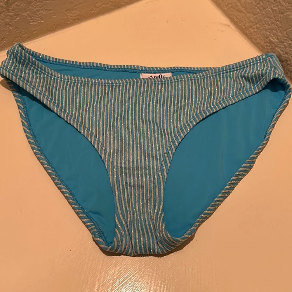 Andie Womens S/M Bikini Bottom Swimwear Blue Turquoise Metallic Stripe Rib NWOT